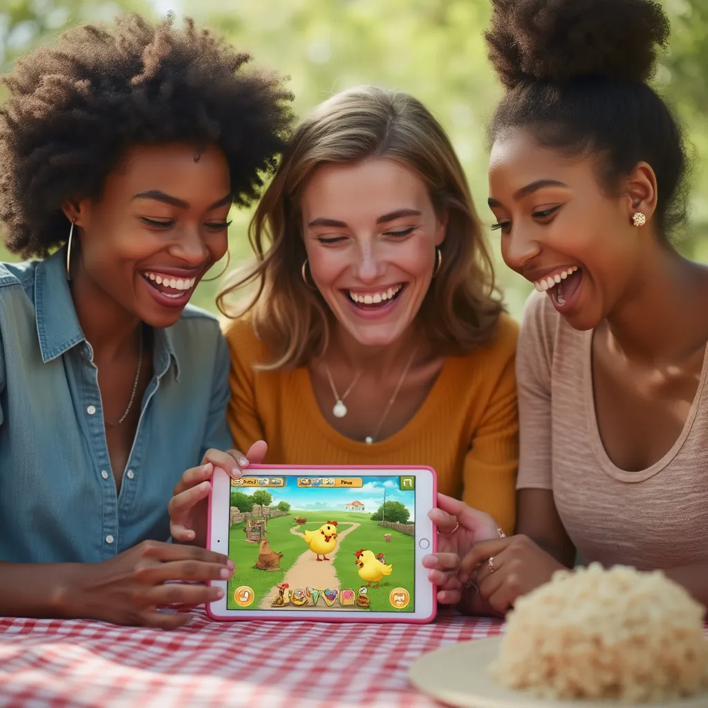 Group of friends using the Chicken Road app on a tablet